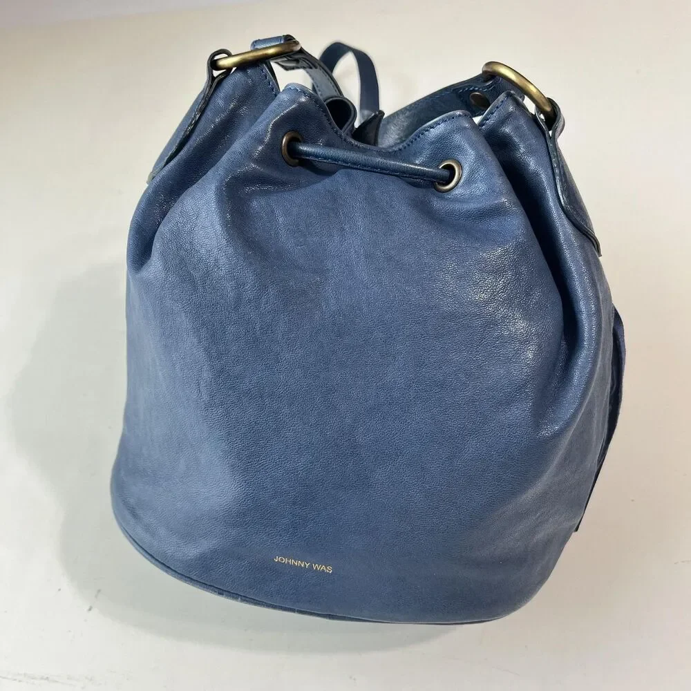 Johnny Was Leather Bucket Bag Womens Small Blue Fringe Boho Crossbody Italy Made